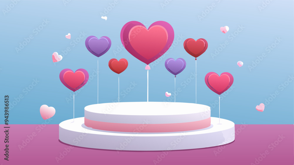 Wall mural white podium with heart balloons floating. valentines day. 3d vector illustration