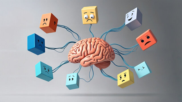 A brain with emotion representing cubes attached to its neural pathways, illustrating the concept of emotional intelligence and CBT acronym abbreviation of word text Cognitive behavioral therapy