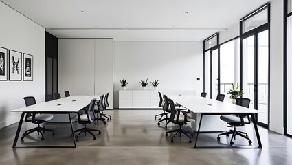 Fototapeta premium Discover the essence of modern simplicity with this minimalist office design, ideal for those who appreciate clean lines and uncluttered spaces. 