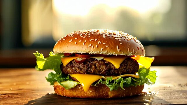 Delicious homemade cheeseburger with fresh toppings prepared in a cozy kitchen setting in the afternoon light
