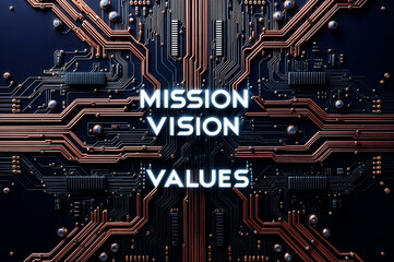 Close-up of a circuit board with the text phrase word "Mission Vision Values" displayed in a futuristic font, suggesting a focus on the company's goals and principles.