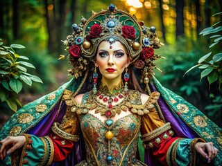 Obraz premium A vibrant, elaborate costume adorned with intricate details, lace, and ornate accessories, evoking a mystical, medieval-inspired fantasy world, perfect for role-playing and creative expression.