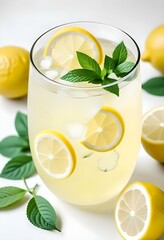 A glass of lemonade with lemon slices and mint leaves, surrounded by fresh lemons on a neutral monochrome background, vector, cut, free
