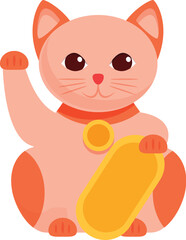 Pink lucky cat raising paw holding golden koban coin, a symbol of good luck and fortune in japanese culture