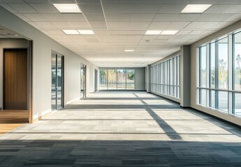 Obraz premium Empty Office Hallway with Sunlight Streaming Through Windows