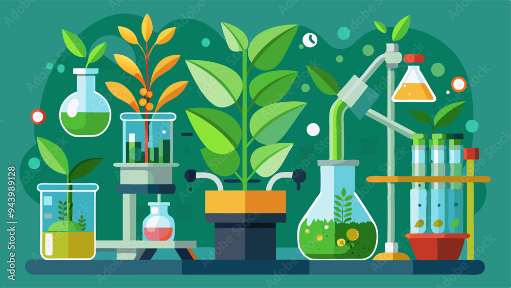 Poster green plants in laboratory test equipment. biotechnology. research in chemistry