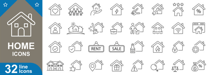 Home line icons set. House, real estate, property, family, architecture, shelter, space, residential, building, security and more. vector illustrator.