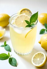 Fototapeta premium A glass of lemonade with lemon slices and mint leaves, surrounded by fresh lemons on a neutral monochrome background, vector, cut, free