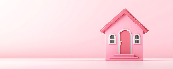 A charming pink house model set against a soft pastel background, ideal for themes of home, love, and creativity.