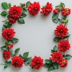 Fototapeta premium Classic Flower Frame With Red Dahlias and Green Leaves