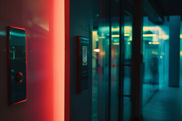Concept of the future of security. Finger print scan access control system machine on wall near entrance door. Encryption for identity access verification or electronic signing