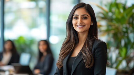 Fototapeta premium female leadership, in a modern office, an indian businesswoman showcases her leadership skills, motivating her team with a bold vision and strategic approach at a conference