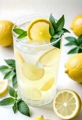 A glass of lemonade with lemon slices and mint leaves, surrounded by fresh lemons on a neutral monochrome background, vector, cut, free
