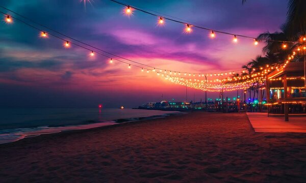 Beach Bar at Sunset with String Lights