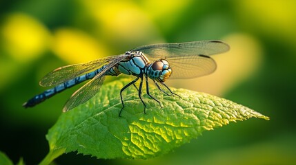 Close-up of dragonfly a green leaf, macro photography