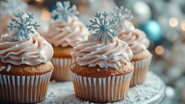 christmas-themed cupcakes with snowflake decorations, part of a festive dessert presentation for the holiday season concept