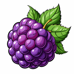 A Cartoon Illustration of a Single Blackberry with Green Leaves