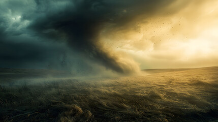A dramatic tornado forms in vast field, surrounded by dark clouds and illuminated by golden light, creating sense of awe and tension.