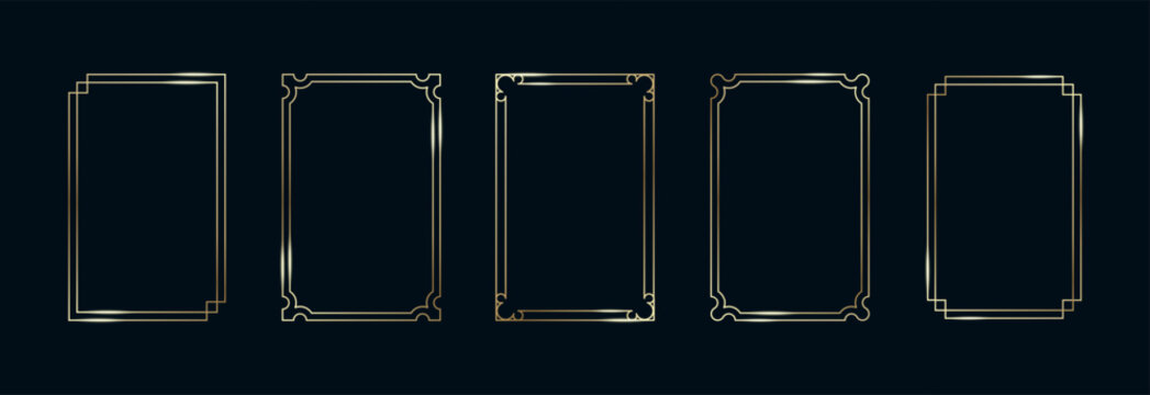 Golden Frames Set. Thin Line Gold Borders Luxury Minimalist Collection. Premium Vector Brass Outline Geometric Rectangles. Linear Decorative Banners with Black Background Isolated