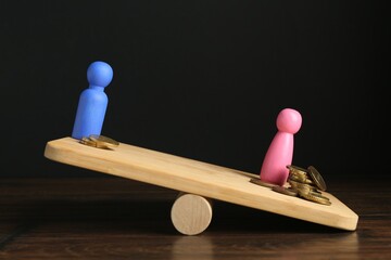 Financial inequality. Male and female figures with different amount of coins showing imbalance on...