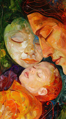 Obraz premium 2d painting of mother with newborn sleeping baby, illustration of caring mom with kids, colorful composition for printed mother's day card, caring loving parent, happy calm mom holding her new baby