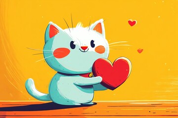 Illustration of a white cute cat on a yellow background with a red heart in its paws. A cute card for Valentine's Day and as a gift for a friend or lover. Illustration in cartoon style about love