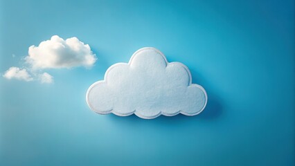 A whimsical white cloud shape with a colorful sticker-like appearance floats gently against a soft blue sky with subtle texture and gentle lighting.
