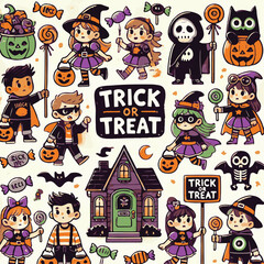 Fototapeta premium Halloween sticker set Cute Halloween illustrations Adorable Halloween stickers Vector Halloween art Playful Halloween icons Halloween vector pack Fun Halloween designs Spooky and cute stickersHallowe