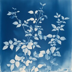 Fototapeta premium Сyanotype print illustration. Blue monochrome illustration with branches, flowers and natural elements. Background for banner or wallpaper.