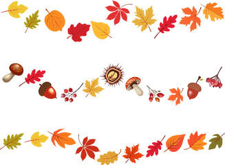 Autumn border with leaves ,mushrooms,acorns,berries. Wave of falling leaves. Leaf fall. Autumn flying leaves. Watercolor leaves in the wind. Autumn leaves seamless border collection.
