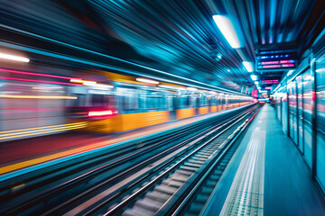 Busy subway station. Public transport people travel commute city urban concept Railroad with motion blur effect. Commercial transportation. Front view.