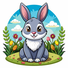 Cute Cartoon Gray Rabbit Sitting in a Grassy Field