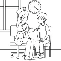 Nurse administering a vaccine to a patient in a clinic coloring page. Labor Day Hand Drawn Clip art