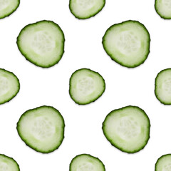 Round cucumber slices on white background, pattern design