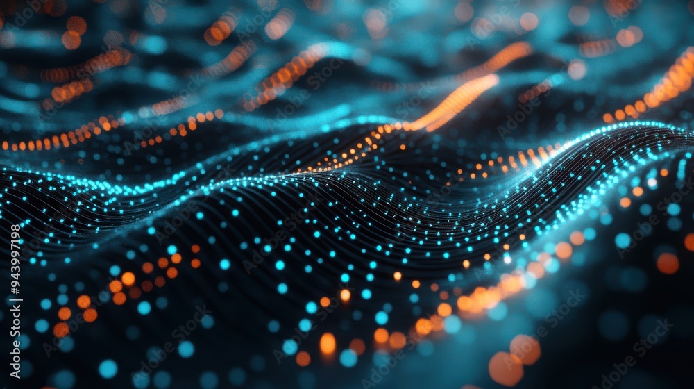 Poster an abstract digital wave pattern composed of glowing blue and orange dots, representing data flow, t