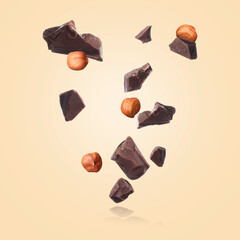 Pieces of tasty chocolate and hazelnuts falling on dark beige background