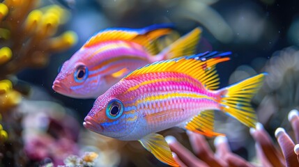 Obraz premium A pair of colorful fish glowing in a bioluminescent ocean scene, with vivid plankton illuminating the deep blue water and creating a magical underwater environment.
