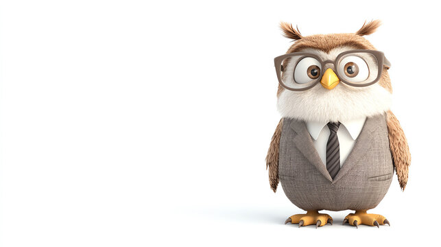 A cute cartoon owl in a suit and glasses, symbolizing intelligence and professionalism, perfect for education or business themes.