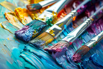 Fototapeta premium Row of artist paintbrushes closeup on artistic canvas. Set of accessories for painting with paints and brushes