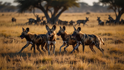 Fototapeta premium A Pack of African Wild Dogs Running Across a Savanna at Sunrise, Capturing Their Social Behavior and Natural Habitat in Warm Lighting.