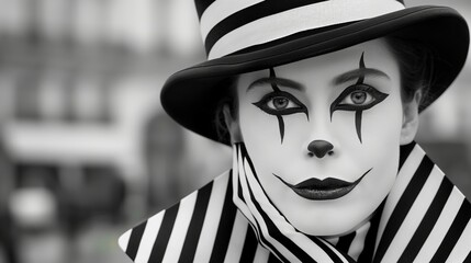 A woman with a black and white striped hat and face paint. She has a smile on her face