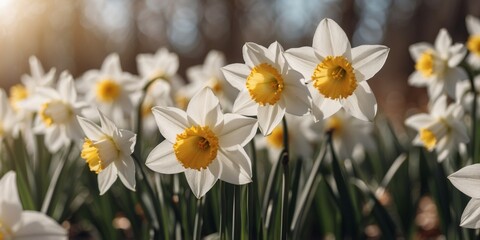 Blooming white daffodils in spring sunlight.
