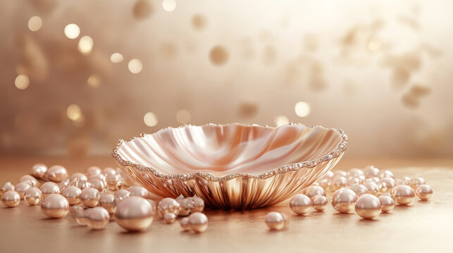 Elegant mother-of-pearl shell podium with pink gold pearls on a golden background. Display pedestal for luxury cosmetic, skincare, and beauty product ads. Clipping path. 3D illustration. 