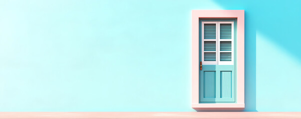 Obraz premium A serene blue wall with a charming pastel door, inviting exploration and creativity in a bright, airy space.