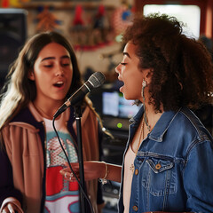 Teenage singer receiving vocal guidance from professional vocal coach during training session in music studio.