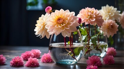 Glass filled with fresh Dahlia flowers and water in a glass vase. Artificial Intelligence
