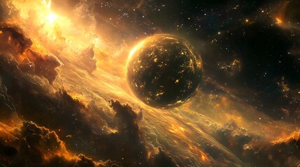 Obraz premium A black planet with golden spots floats above dense clouds. The clouds reflect the golden hue, creating a mesmerizing glow. Above, the cosmos stretches out in darkness.