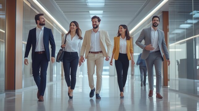 Business professionals walking confidently in a modern office corridor during a bright day