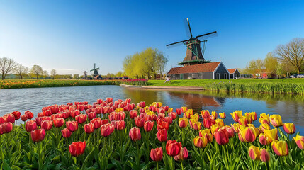 Sprawling, colorful tulip fields, blooming flowers, vibrant, cheerful, high quality, photorealistic, idyllic, springtime, windmills, rural, Dutch countryside