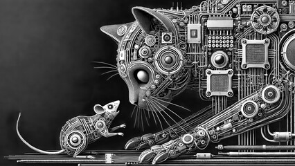 A robotic cat faces a robotic mouse, both intricately designed with detailed circuits and mechanical parts, set against a dark background, showcasing the intersection of technology and nature.